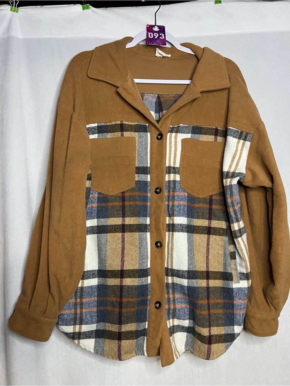 BiBi Oversized Medium Plaid Panel Shacket Jacket in Camel PTP 24”